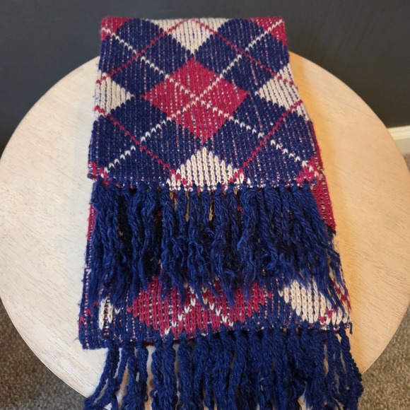 Winter Argyle Scarf Red Tan Navy Fringe One Size Unbranded Unisex Warm Soft - Picture 2 of 5